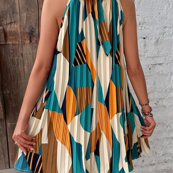 Women's Dresses Wedding Guest Dress Geo Print Pleated Hem Halter Dress dressesdr - Picture 2 of 6